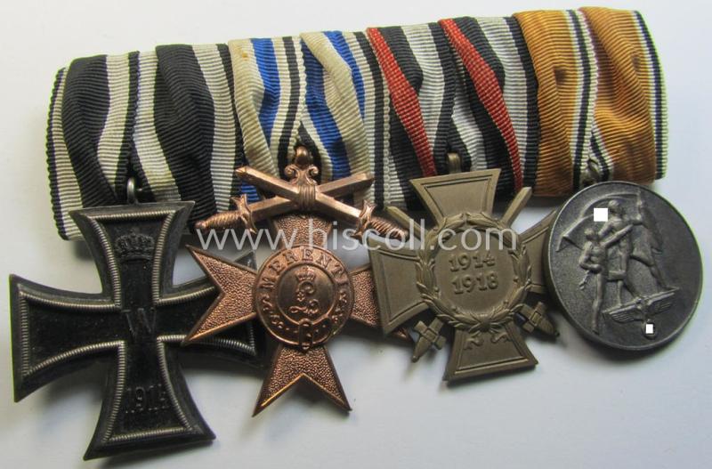 Attractive, 4-pieced medal-bar (ie. 'Ordenspange') respectively depicting a WWI-period: 'EK II. Klasse', a: 'Bayern Militär-Verdienstkreuz 3. Klasse m. Schw.', a: 'FKK 1914-18 m. Schw.' and an: Austrian 'Anschluss'-medal