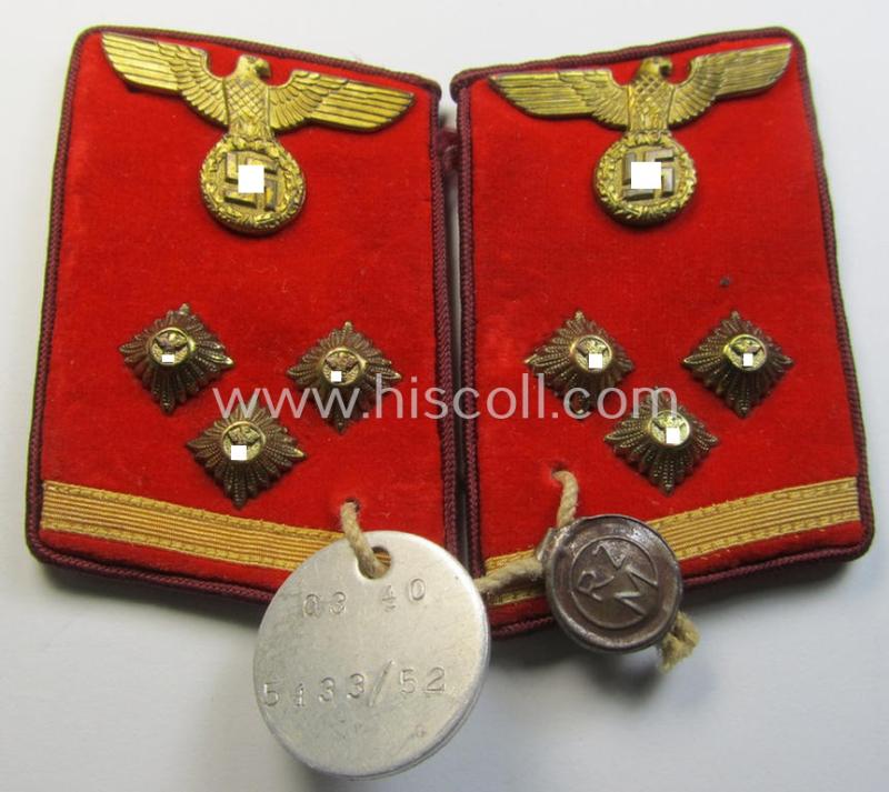 Stunning - and fully matching! - pair of N.S.D.A.P.-type collar-patches (ie. 'Kragenspiegel für pol. Leiter') being for an: 'N.S.D.A.P.-Obereinsatzsleiter' at 'Gau'-level and that is showing an aluminium-based 'RzM-Probe'-tag