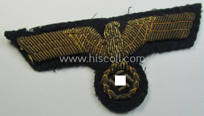 Superb - and just moderately used! - WH (Kriegsmarine) officers'-type, hand-embroidered breast-eagle (ie. 'Brustadler für Offiziere') as was executed in bright-golden-coloured braid as was intended for usage on the various officers'-pattern tunics