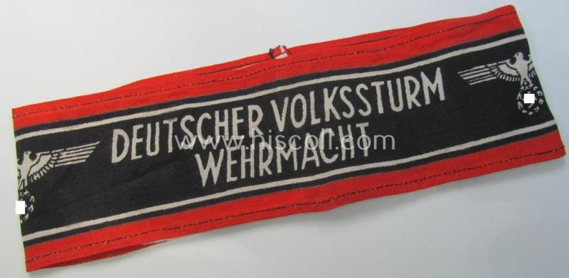 Superb, typically printed- and/or later-war-period, bright-red- and/or black-coloured so-called: 'Deutscher Volkssturm'-armband (ie. 'Armbinde') that comes in an overall very nice- (I deem hardly used- nor worn- ie. 'virtually mint'-), condition