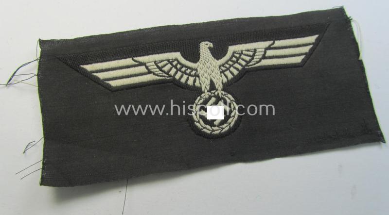 Neat, WH (Heeres) early- (ie. pre-) war-period- and/or white-coloured 'Panzer'-type breast-eagle of the so-called: 'M35'- (ie.'M36'-) pattern as was executed in the neat 'BeVo'-weave pattern on a black-coloured background