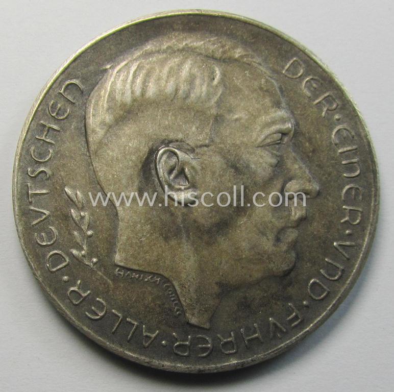 Attractive, TR-period, commemorative-plaque (ie. 'Erinnerungs- o. nichttragbare Medaille') showing a portrait of AH and bearing the text: 'Der einer und Führer aller Deutschen - Das Grossdeutsche Reich ist erstanden - 13.-3 - 29.-9-1938'