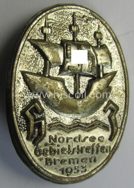 Neat - and scarcely encountered! - HJ (ie. 'Hitlerjugend'-) related 'tinnie' being a non-maker-marked example showing an old-styled ship flying a swastika-flag and text that reads: 'H.J. - Nordsee Gebietstreffen - Bremen - 1933'