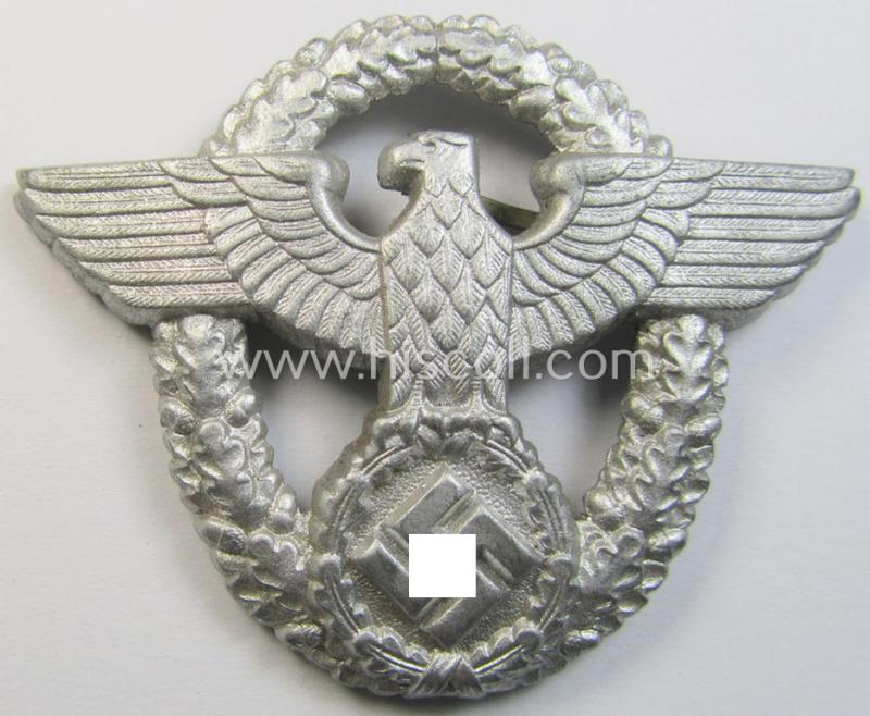 Attractive, 'standard-issue'-pattern - and zinc-based - 'Polizei'- (ie. police) visor-cap eagle being a silver-coloured- and non-maker-marked example as was intended for usage on the various 'Polizei' (ie. police) visor-caps