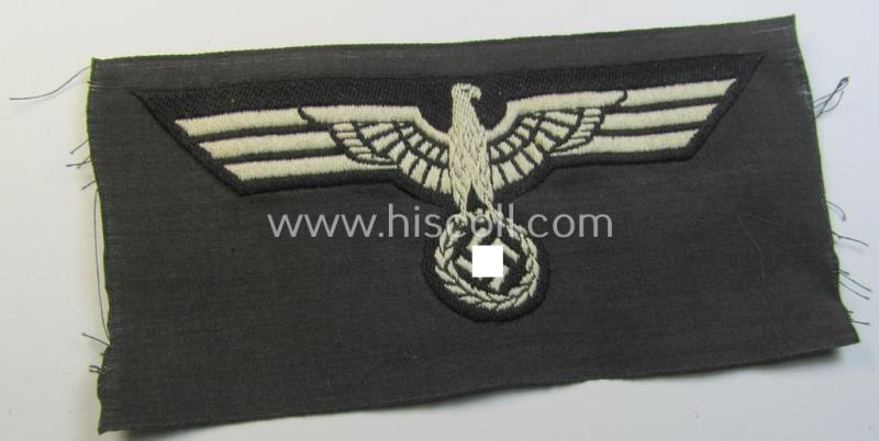 Neat, WH (Heeres) early- (ie. pre-) war-period- and/or white-coloured 'Panzer'-type breast-eagle of the so-called: 'M35'- (ie.'M36'-) pattern as was executed in the neat 'BeVo'-weave pattern on a black-coloured background