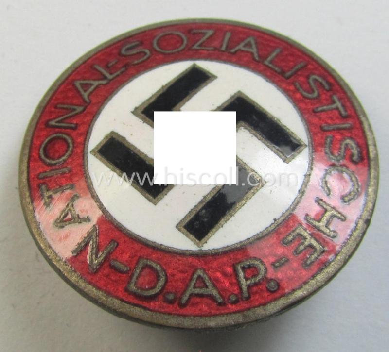 Superb - bright-red-coloured and nicely preserved! - 'N.S.D.A.P.'-membership-pin- ie. party-badge (or: 'Parteiabzeichen') which is maker-marked on its back with the makers'-designation: 'RzM' and/or: 'M1/129'