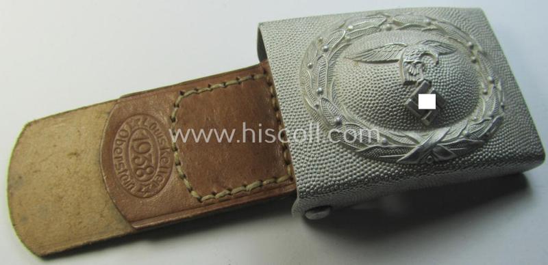 Stunning, pre-war-period WH (LW) silver-coloured, aluminium-based belt-buckle being a maker- (ie. 'Louis Keller'-) marked and/or '1938'-dated example that comes mounted onto its tab and that comes in a 'virtually mint- ie. unissued'-, condition