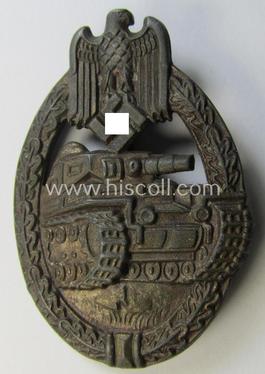 Attractive - albeit regrettably incomplete ie. damaged! - 'Panzerkampfabzeichen in Bronze' being a neat and clearly maker- (ie. 'ÜÜ'-) marked, zinc- (ie. 'Feinzink'-) version as was procuced by the: 'E. Ferd. Wiedmann'-company