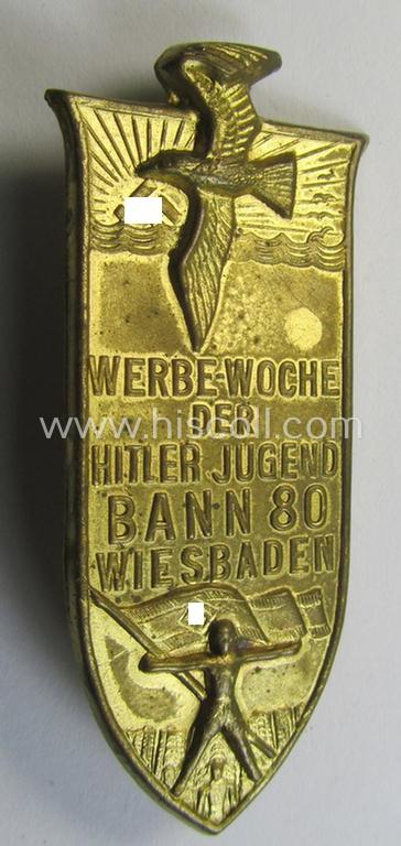 Neat - and unusually found! - HJ (ie.'Hitlerjugend') related 'tinnie' ie. 'Veranstaltungsabzeichen' being a non-maker-marked example showing a sunburst, sea-gull and HJ-flag-bearer and text: 'Werbewoche der Hitler Jugend - Bann 80 - Wiesbaden'