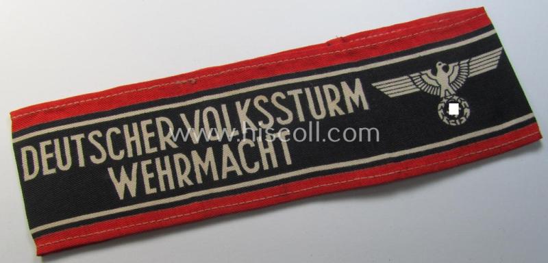 Superb, typically printed- and/or later-war-period, bright-red- and/or black-coloured so-called: 'Deutscher Volkssturm'-armband (ie. 'Armbinde') that comes in an overall very nice- (I deem hardly used- nor worn- ie. 'virtually mint'-), condition