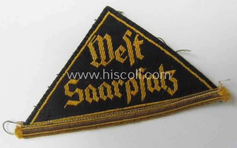 Superb, 'HJ' (ie. 'Hitlerjugend') district-triangle (ie. 'Gebietsdreieck') entitled: 'West Saarpfaltz' (having a golden-toned 'honorary rank-stripe' attached, signifying HJ-membership before 1933)