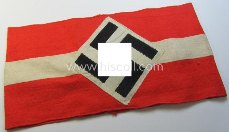 Attractive - and nowadays scarcely found! - 'standard'- (ie. entirely woven) pattern, bright-red-coloured HJ- (ie. 'Hitlerjugend'-) related armband (ie. 'Armbinde') being a minimally worn- ie. used example that regrettably misses its 'RzM'-etiket
