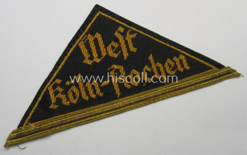 Superb, 'HJ' (ie. 'Hitlerjugend') district-triangle (ie. 'Gebietsdreieck') entitled: 'West Köln-Aachen' (having a golden-toned 'honorary rank-stripe' attached, signifying HJ-membership before 1933)