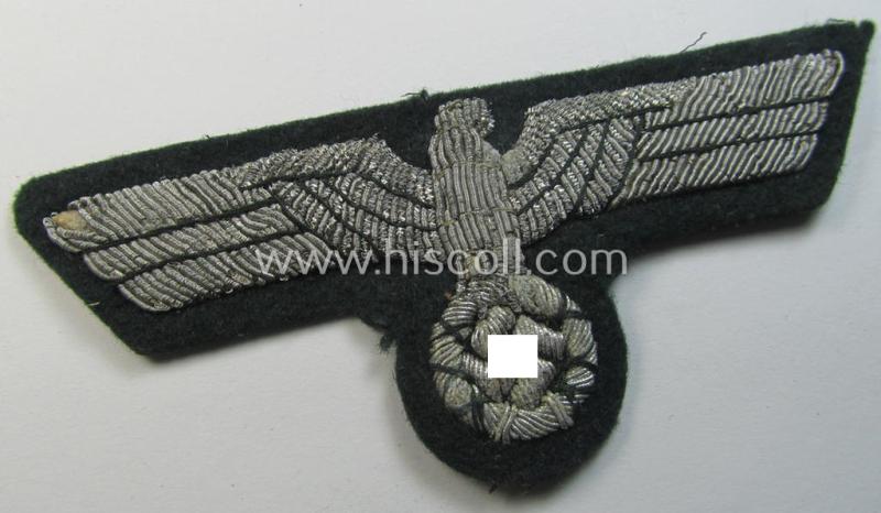 Attractive - and moderately used! - WH (Heeres) officers'-type, hand-embroidered breast-eagle (ie. 'Brustadler für Offiziere') as was executed in bright-silverish-coloured braid as was intended for usage on the various officers'-pattern tunics