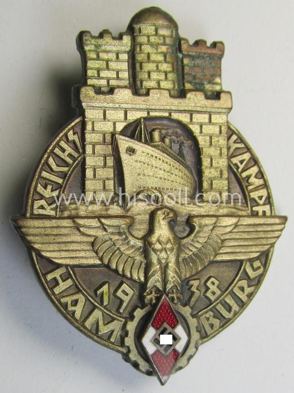 Stunning - and luxuriously styled! - HJ- ie. BDM (ie. 'Hitlerjugend' or: 'Bund Deutscher Mädel') related day-badge (ie. 'tinnie') being a golden-toned- and/or 'Feinzink'-based example as issued to commemorate the: 'Reichskampf Hamburg 1938'