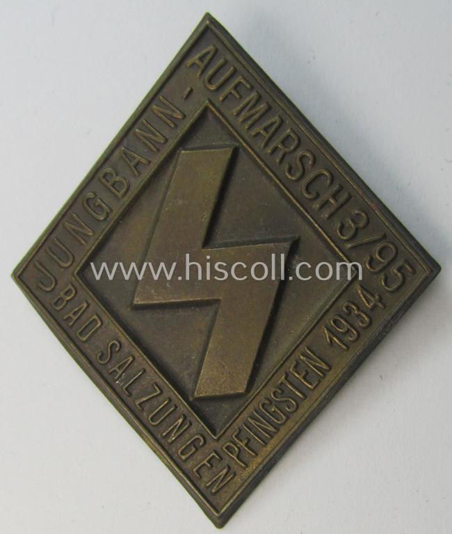 Superb, DJ- ('Deutsches Jungvolk'-) related day-badge (ie. 'tinnie' or: 'Veranstaltungsabzeichen') as was issued to commemorate a DJ-related gathering ie. rally entitled: 'Jungbann-Aufmarsch 3/95 - Bad Salzungen - Pfingsten 1934'