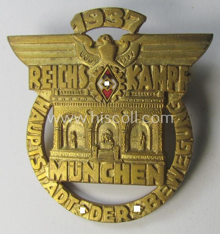 Stunning - and luxuriously styled! - HJ- ie. BDM (ie. 'Hitlerjugend' or: 'Bund Deutscher Mädel') related day-badge (ie. 'tinnie') being a golden-toned- and/or 'Buntmetall'-based example issued to commemorate the: 'Reichskampf München 1937'