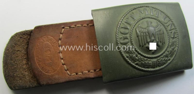 Attractive, WH (Heeres) field-grey-coloured- and/or steel-based belt-buckle being a maker- (ie. 'Jul. Kemp'-) marked- and/or '1941' dated example that comes mounted onto its leather-based tab and that comes in a wonderful condition