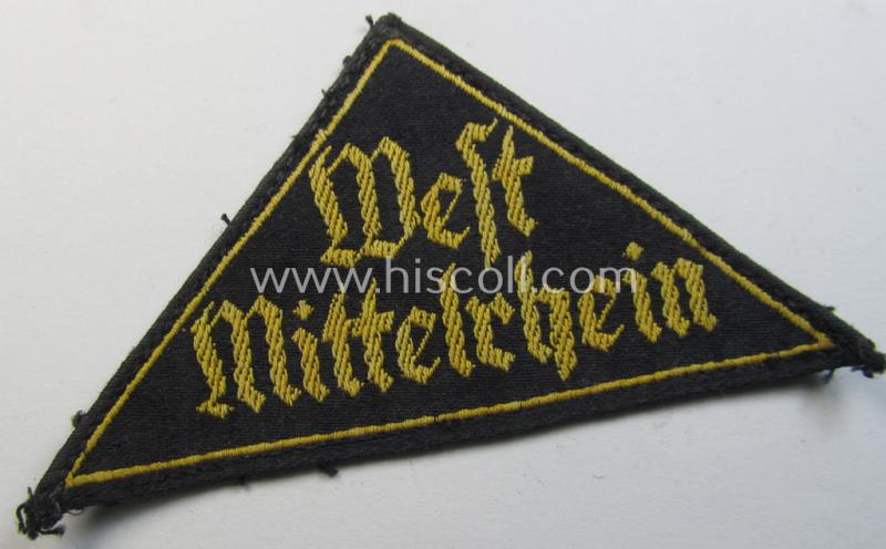 'HJ' ('Hitlerjugend') district-triangle (ie. 'Gebietsdreieck') entitled: 'West Mittelrhein' (being a clearly used- ie worn example that regrettably misses its 'RzM'-etiket)