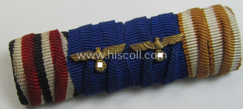 Neat, 4-pieced WH (Heeres o. Kriegsmarine) ribbon-bar (ie. 'Feld- o. Bandspange') showing resp. the ribbons for an: 'EK II. Kl.', two (higher class!): WH (Heeres o. KM) 'DA der 3. u. 1. Stufe' and a: 'Westwall'-medal