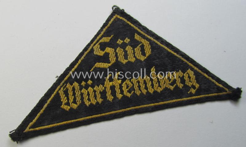 'HJ' ('Hitlerjugend') district-triangle (ie. 'Gebietsdreieck') entitled: 'Süd Württemberg' (being a clearly used- ie worn example that regrettably misses its 'RzM'-etiket)