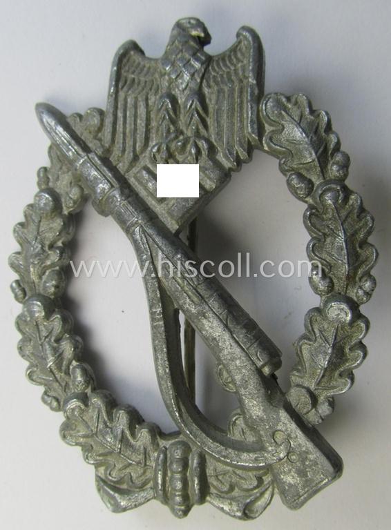 Neat, 'Infanterie-Sturmabzeichen in Silber' being a maker- (ie. 'F.L.L.'-) marked (and somewhat converse- ie. vaulted-) 'solid-back'-example by the maker: 'Friedrich Linden' as was executed in silver-coloured, zinc-based metal (ie. 'Feinzink')