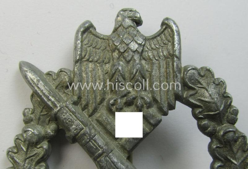 Neat, 'Infanterie-Sturmabzeichen in Silber' being a maker- (ie. 'F.L.L.'-) marked (and somewhat converse- ie. vaulted-) 'solid-back'-example by the maker: 'Friedrich Linden' as was executed in silver-coloured, zinc-based metal (ie. 'Feinzink')
