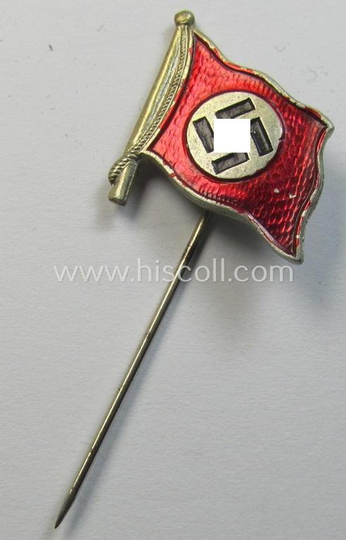 Commemorative - and not that often seen! - (I deem) quite early-period, aluminium-based, N.S.D.A.P.-related lapel-pin example depicting a swastika-flag being a maker- (ie. 'Carl Wild'-) marked example