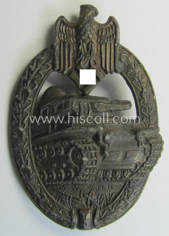 'Panzerkampfabzeichen in Bronze' (or: bronze-class panzer-assault badge or PAB) being a clearly maker- (ie. 'AS'-) marked- and/or zinc- (ie. 'Feinzink'-) based specimen, as was procuced by the: 'Adolf Scholze'- (ie. 'A.S.'-) company