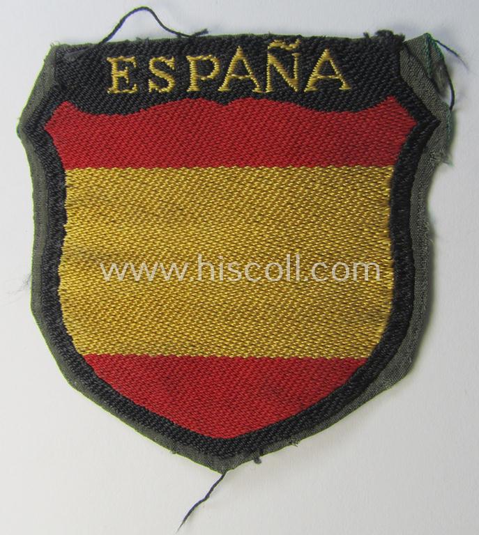 Superb - and truly used ie. carefully tunic-removed! - 'BeVo'-type armshield entitled: 'España' (being a very attractive example as was intended for a volunteer who served within the 'Deutsche Wehrmacht' ie. within the famous 'Blue Division'