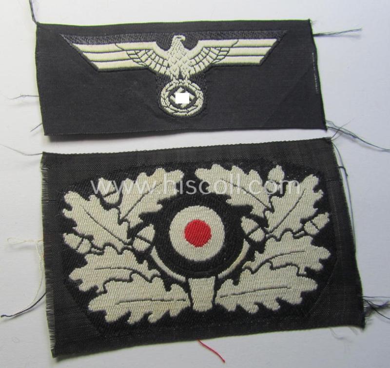 Superb - and scarcely encountered! - early-war-period type (ie. I deem around 1939/40) WH (Heeres) 'BeVo'-woven eagle- and cocarde-insignia-set as was specifically intended for usage on the black-coloured 'Panzer'-beret (ie. 'Panzerschutzmütze')