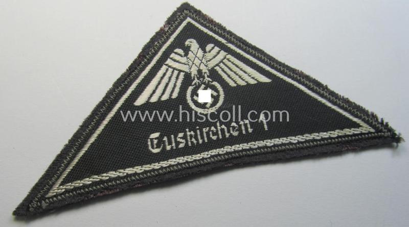 Attractive, German Red Cross (ie. 'Deutsches Rotes Kreuz' or 'DRK') greyish-coloured- and/or (typically) triangular-shaped arm-eagle entitled: 'Euskirchen 1' as was executed in the neat 'BeVo'-weave pattern