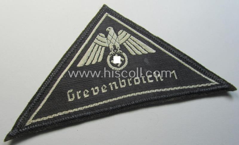 Attractive, German Red Cross (ie. 'Deutsches Rotes Kreuz' or 'DRK') greyish-coloured- and/or (typically) triangular-shaped arm-eagle entitled: 'Grevenbroich' as was executed in the neat 'BeVo'-weave pattern