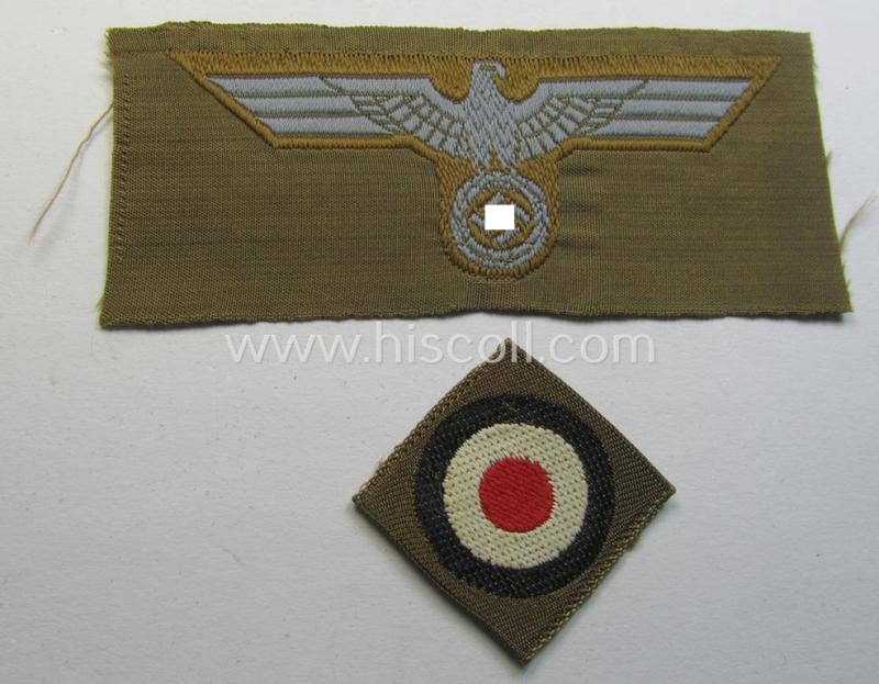 Superb, WH (Heeres) 'tropical-issue' (ie. DAK or: 'Deutsches Afrika Korps'-related-) side-cap-eagle and dito cocarde-set as executed in 'BeVo'-weave-pattern (both insignia-pieces coming in an overall very nice- ie. 'virtually mint' condition)