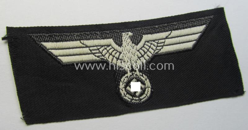 Neat, WH (Heeres) early- (ie. evt. pre-) war-period- and/or white-coloured 'Panzer'-type side-cap-eagle of the so-called: 'M39'- (ie.'M40'-) pattern as was executed in the neat 'BeVo'-weave pattern on a black-coloured background