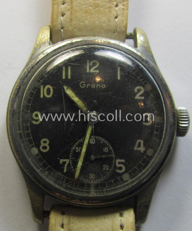 Superb - and scarcely encountered! - WH (Heeres, LW etc.) WWII-period wrist-watch (or: 'Dienstuhr') of the make: 'Grana' having an engraved number: 'D345062H' on its back (and that comes in a still functional condition)