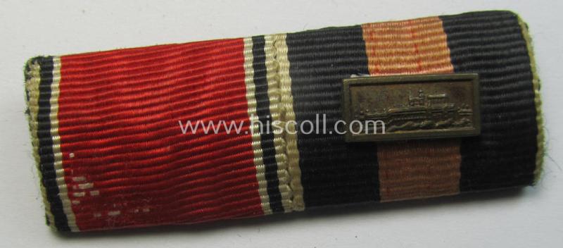 Neat, two-pieced WH (Heeres etc.) ribbon-bar (ie. 'Band- o. Feldspange') that is showing the ribbons for both an Austrian- and Czech 'Anschluss'-medal (and having a detailed miniature 'Prager Burg-Spange' period-attached)
