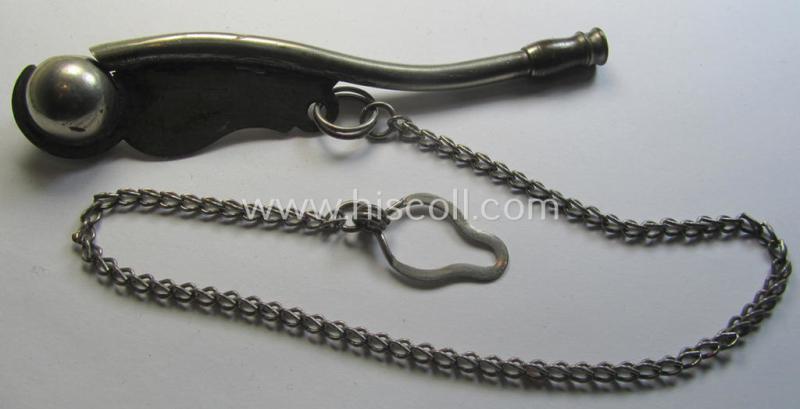 Neat, WH (Kriegsmarine) personal-equipment-item: a silver-coloured- and (I deem) nickle-chrome-based flute (ie. 'Bootsmanns-Flöte') that comes mounted onto its original chain and  'attachement-ring'