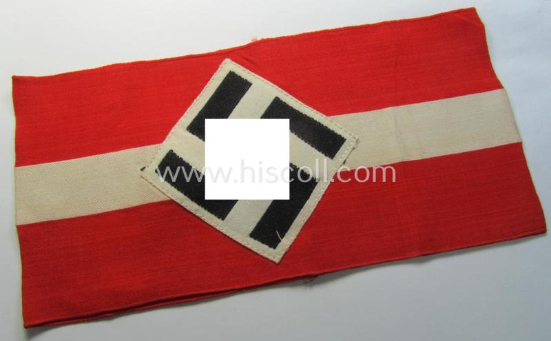 Attractive - and scarcely found! - 'standard'- (ie. entirely woven) pattern, bright-red-coloured HJ- (ie. 'Hitlerjugend'-) related armband (ie. 'Armbinde') being a never worn- nor used example that still retains its 'RzM'-etiket