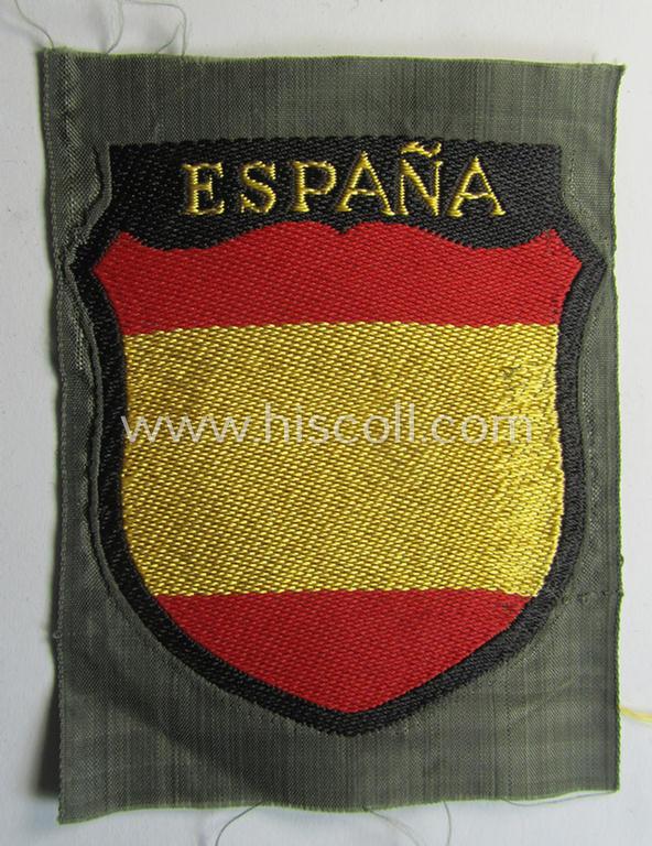 Superb, 'BeVo'-type armshield entitled: 'España' (being a 'virtually mint- ie. unissued' example as was intended for a volunteer who served within the 'Deutsche Wehrmacht' ie. within the famous 'Blue Division' ie. 'Blauer Division')