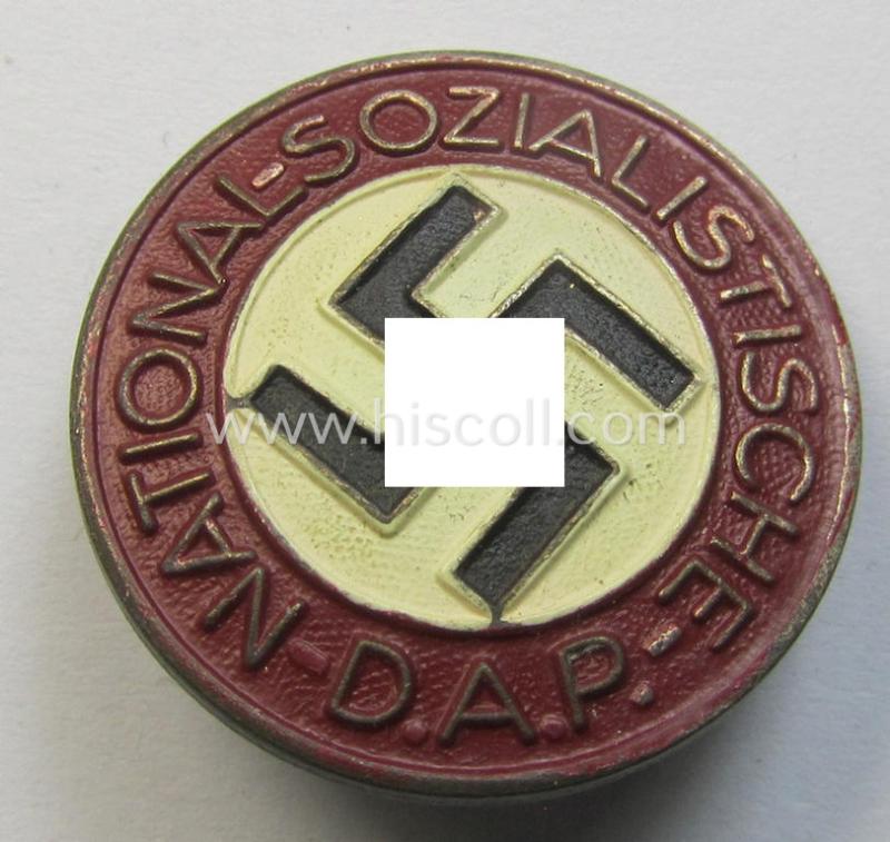 Superb, non-enamelled (ie. painted) bright-red-coloured- and/or 'variant'-pattern 'N.S.D.A.P.' membership-pin- ie. party-badge (or: 'Parteiabzeichen') which is nicely maker-marked on the back with the makers'-designation: 'RzM' and/or: 'M1/148'