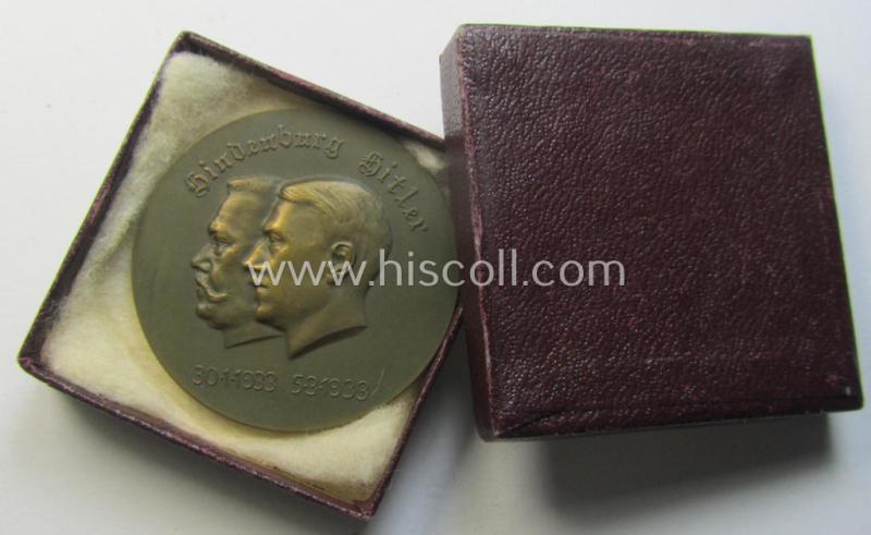 Superb, bronze-toned (and I deem genuine bronze-metal-based!) commemorative-table-medal (ie. 'nichttragenare Erinnerungs-Medaille') entitled: 'Hindenburg - Hitler - 30.1.1933 - 5.3.1933' and that comes stored in its period etui