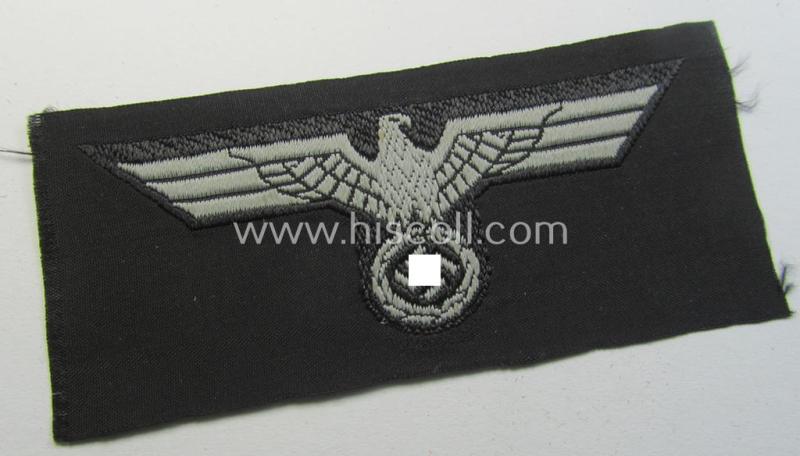 Neat, WH (Heeres) later- (ie. mid-war-) period- and/or bluish-grey-coloured 'Panzer'-type side-cap-eagle a executed in the neat 'BeVo'-weave pattern onto a typical black-coloured background