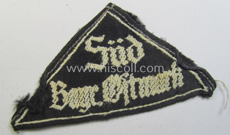 Truly used- and/or tunic-removed, 'HJ' ('Hitlerjugend') ie. 'BDM' ('Bund Deutscher Mädel') district-triangle (ie. 'Gebietsdreieck') entitled: 'Süd Bayr. Ostmark' (being a clearly used example that is void of an 'RzM'-etiket)