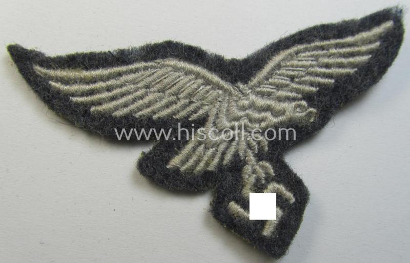 Neat - and clearly used- ie. carefully cap-removed! - WH (Luftwaffe) EM- (ie. eventually NCO-) type side-cap eagle (being a once cap-attached example as executed in typical machine-embroidered-pattern)