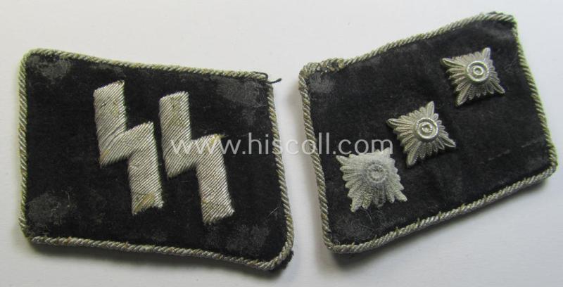 Superb - truly worn and/or tunic-removed! - matching pair of officers'-pattern, Waffen-SS collar-patches (ie. 'Kragenspiegel für Führer der Waffen-SS') as was used by a junior-officer holding the rank of: 'Waffen-SS Untersturmführer' (ie. lieutnant)