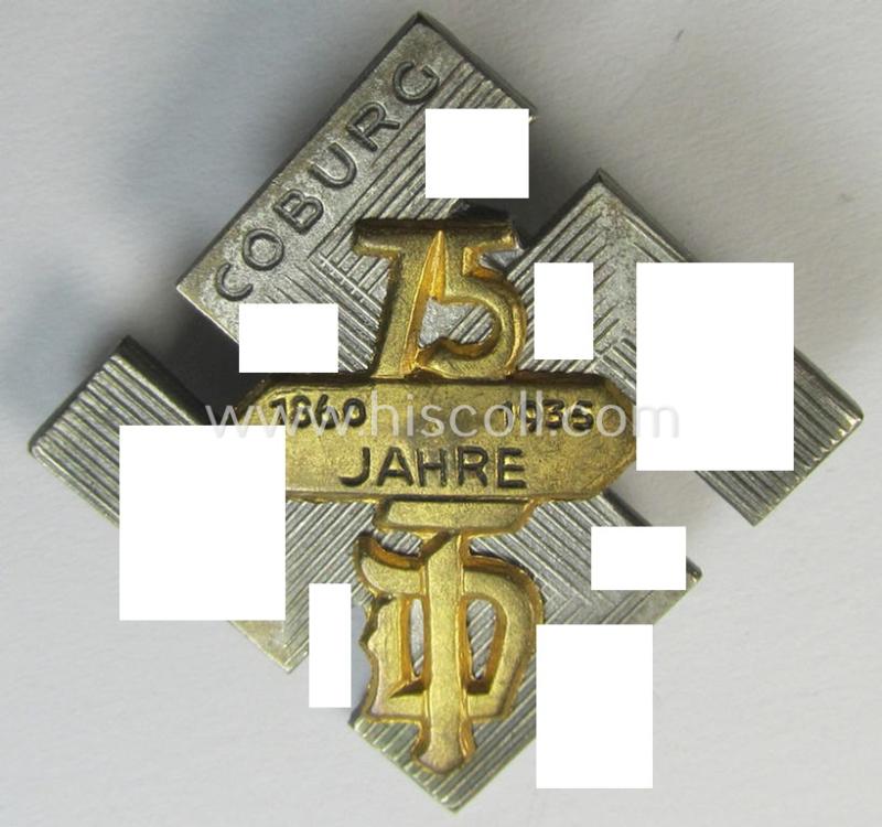 Commemorative - and I deem'Buntmetall'-based - 'tinnie', being a maker- (ie. 'C. Poellath'-) marked example depicting a swastika-sign mentioning the region: 'Coburg' upon which a golden-toned 'label' showing the text: '75 Jahre - 1860 - 1936'