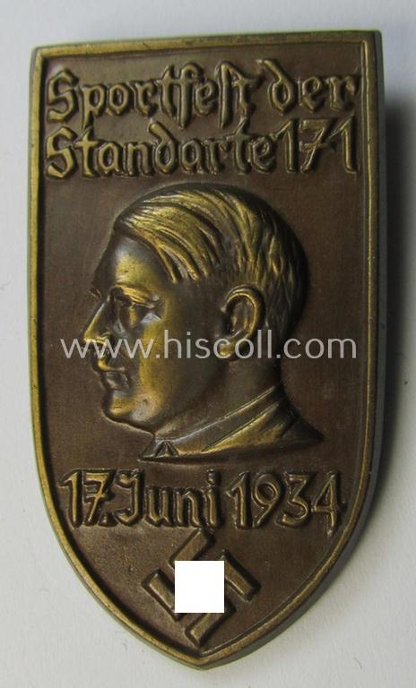 Commemorative, copper-toned- and tin-based, SA-related 'tinnie' being a non-maker-marked example depicting a detailed portrait of Adolf Hitler coupled with the text: 'Sportfest der Standarte 171 - 17. Juni 1934'