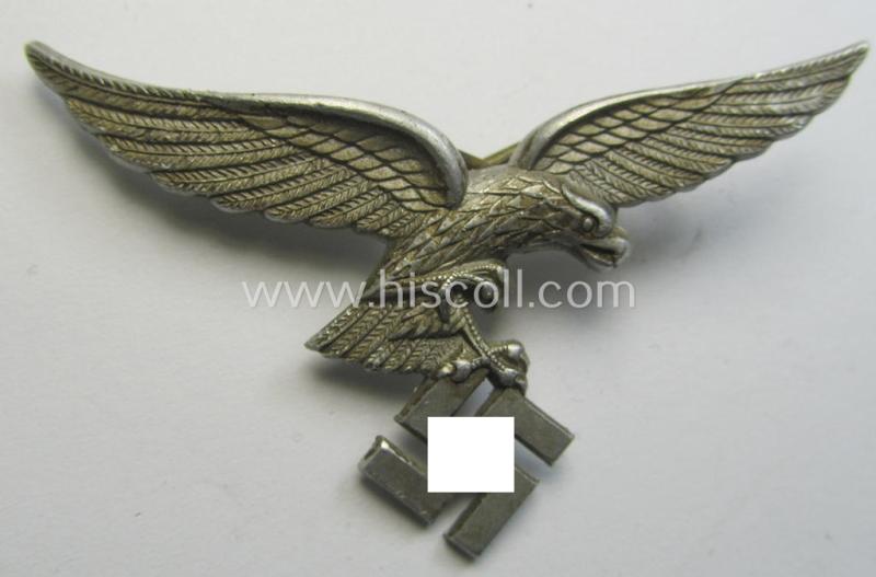 Superb - and minimally used- ie. once-cap-attached - silver-toned- and/or typical aluminium-based, WH (Luftwaffe) visor- (ie. 'Schirmmützen'-) cap-eagle (being a non-maker-marked- and/or 'down-tailed'-modelled example)