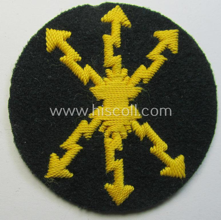 Attractive, WH (Heeres) so-called: trade- and/or special-career arm-insignia as was intended for a: 'Funkmeister' being a neatly hand-embroidered (and clearly maker-marked!) specimen on a darker-green-coloured woolen-based background